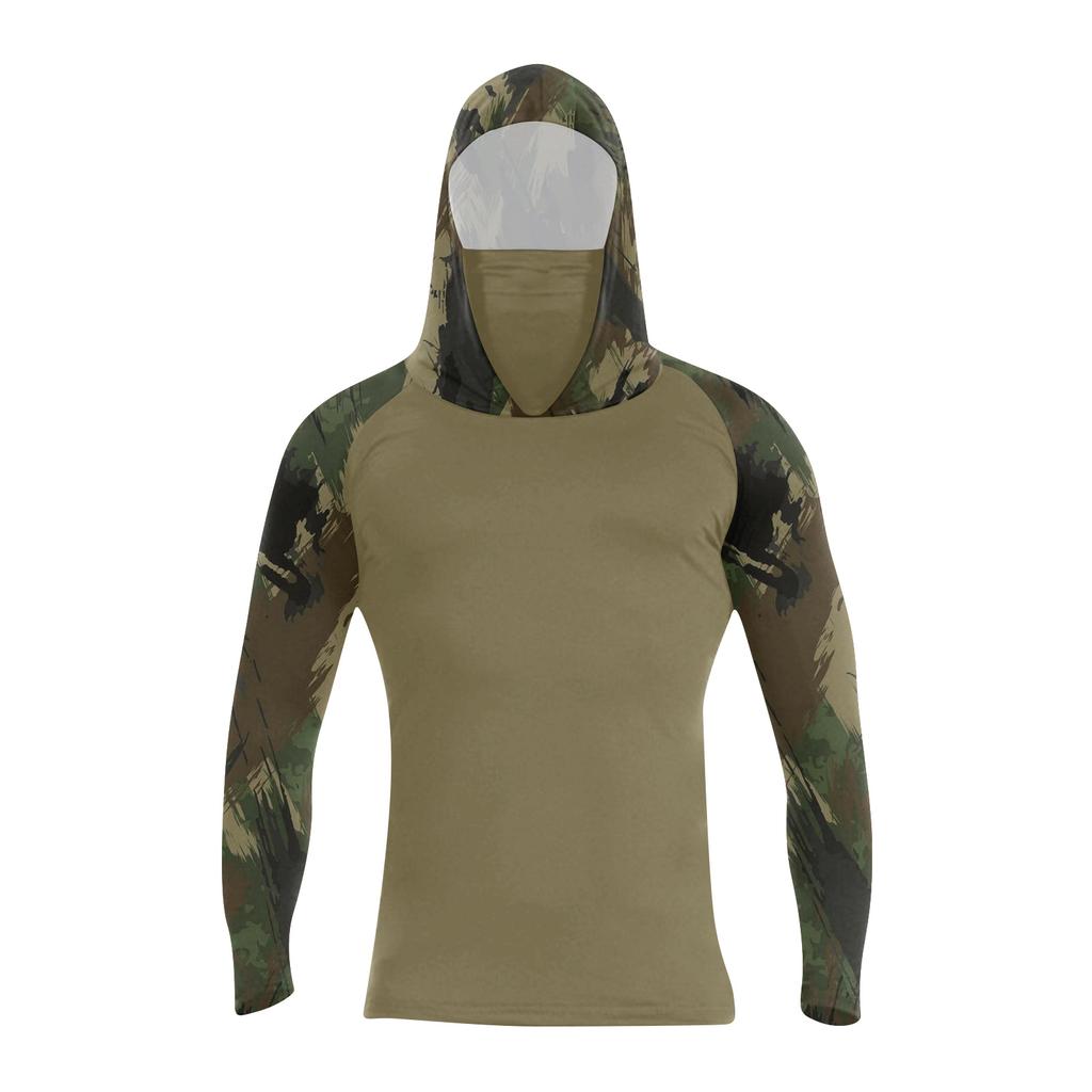 Long Sleeve Hooded Shirt for Men Lightweight Pullover with Camouflage Print Raglan Sleeves Outdoor Apparel