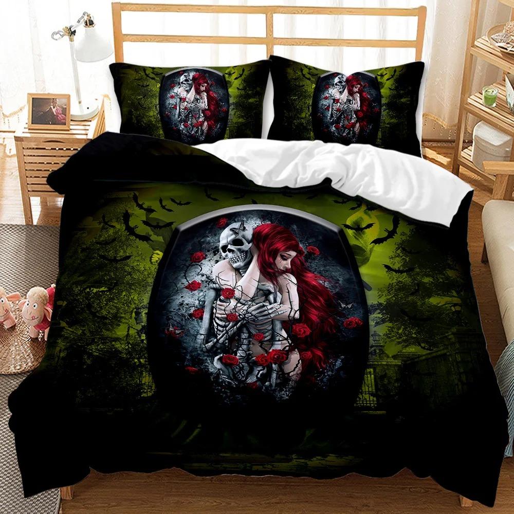 Skull Duvet Cover 3D Skeleton Floral Skull Pattern Printed Bedding Duvet Cover, Lightweight Microfiber Gothic Bedding Queen Size