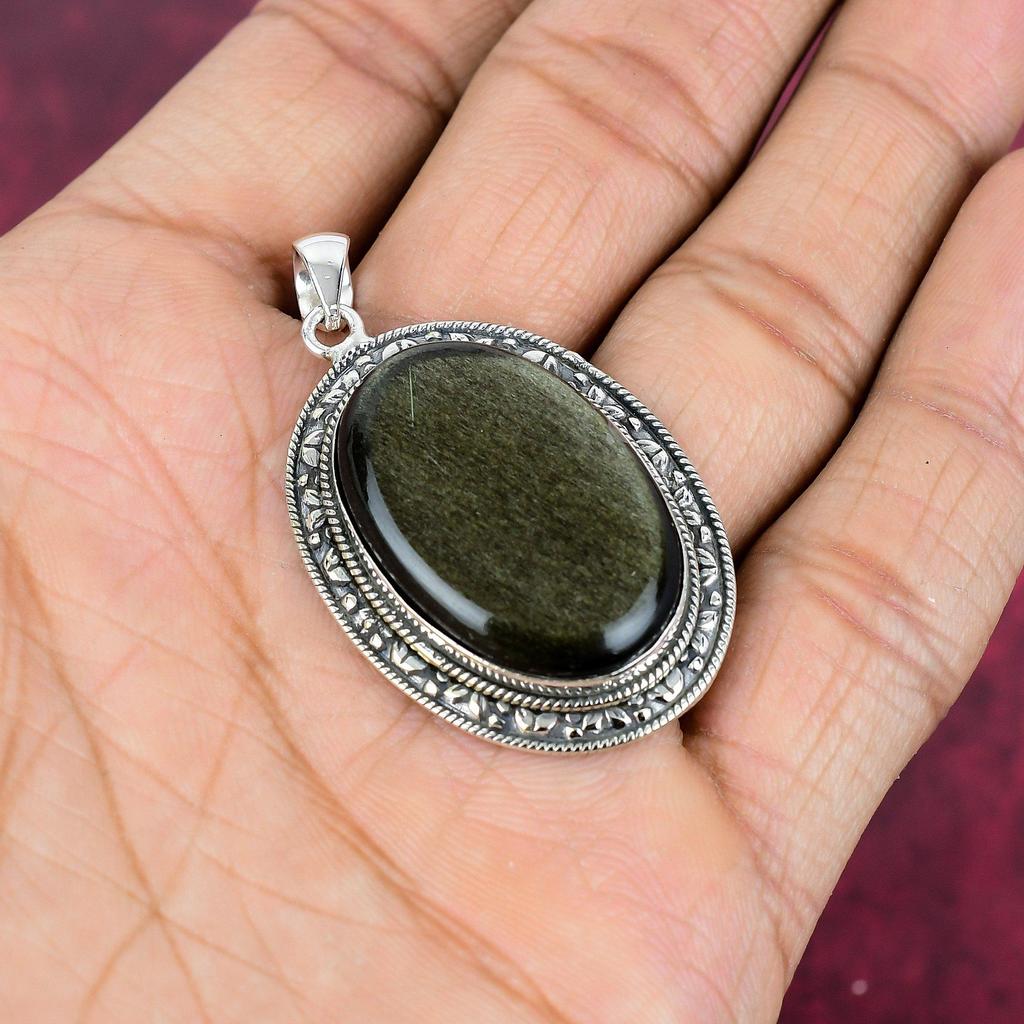 Pingente de obsidiana Silversheen em prata esterlina maciça 925, joia com pingente de pedra preciosa feita à mão, presente para esposa, pingente novo