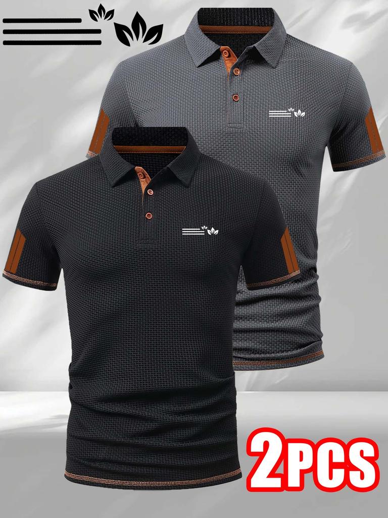 Geometric 2pcs Men's Polo Shirt with Short Sleeves & Color Block, Men's Business Casual T Shirts, Breathable for Spring and Summer Fashion Daily Wear