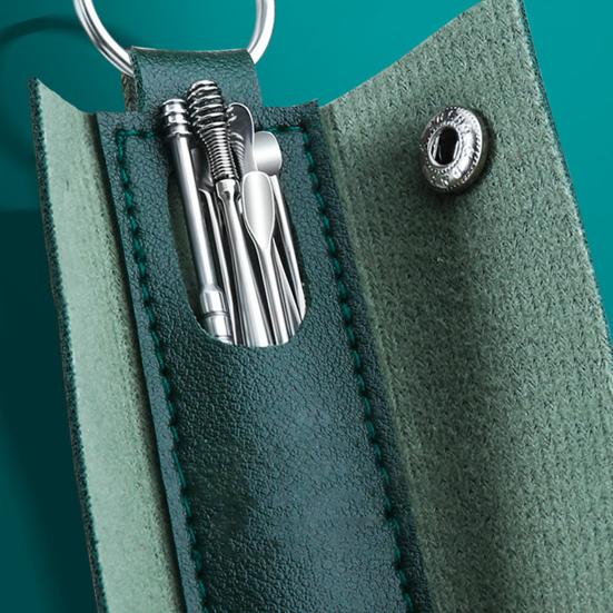 6-Piece Stainless Steel Ear Pick Set Spiral Ear Cleaner Tools with Faux Leather Case Home Ear Care Kit for Home Travel