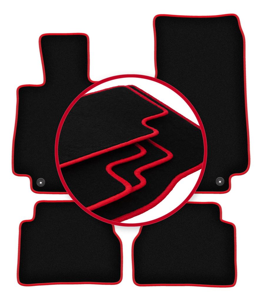 Velours-Fußmatten mit rotem Rand für: Mercedes E W213 Limousine, Kombi, Fließheck, Coupé (2015-)