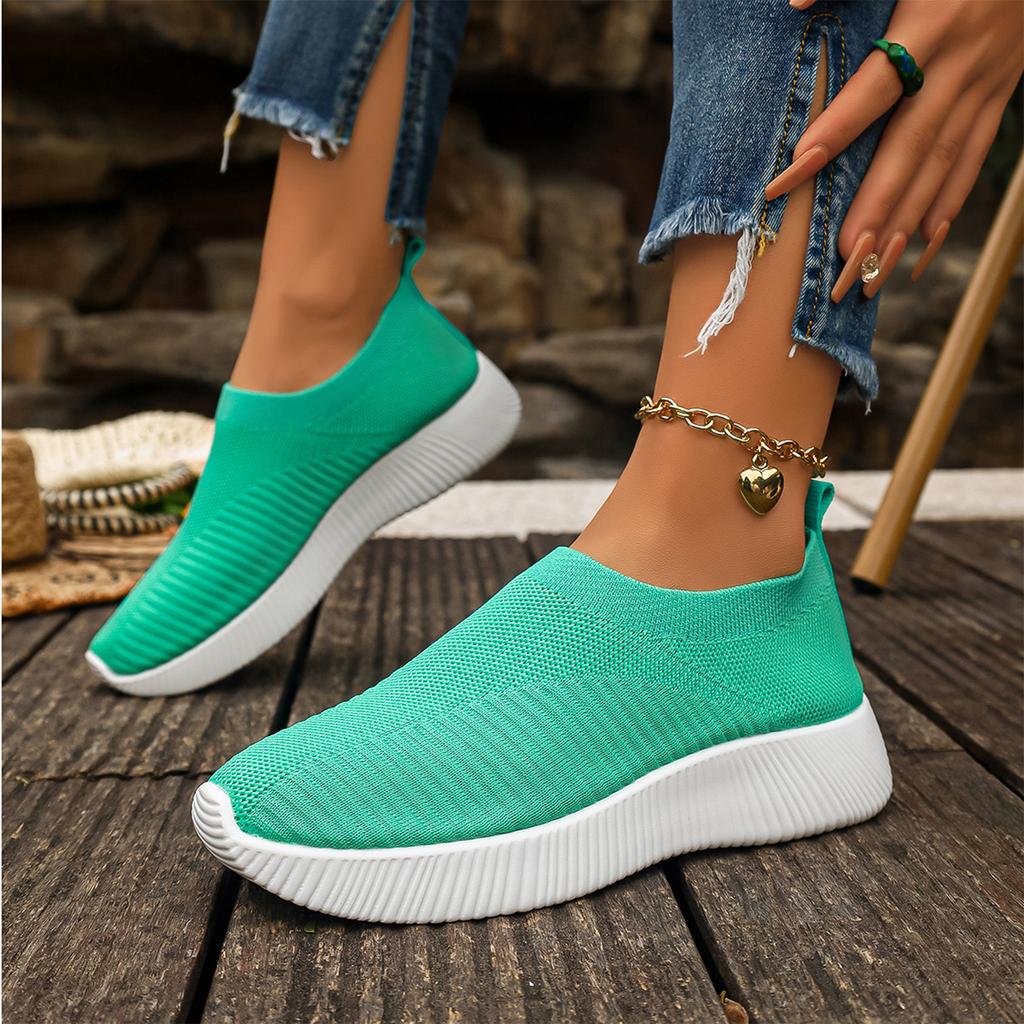 Women Breathable Lightweight Flyknit Slip On Sneakers Soft Sole Casual Flat Walking Shoes for Summer Outdoor Indoor Use