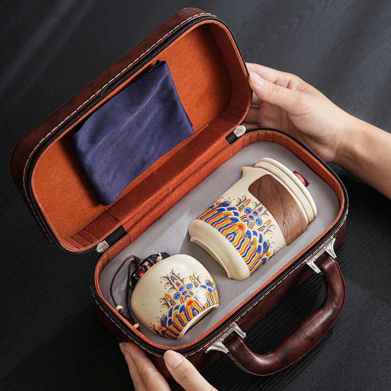 Chinese Ru Kiln Kung Fu Teaset Portable Travel Outdoor Household Ceramic Teapot Tea Canister Tea Cup Tea Sets Leather Bag New