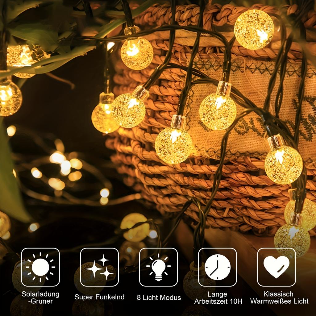 Solární křišťálová koule světelný řetěz s 20–100 LED – Vodotěsná venkovní pohádková světla s 8 režimy pro zahradní vánoční dekoraci