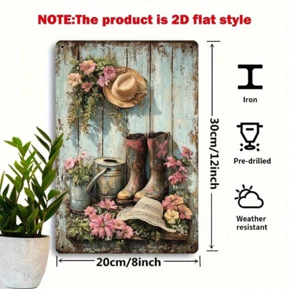 Metal Wall Art 2D Flat Watering Can and Hat Retro Farmhouse Decor for Living Room