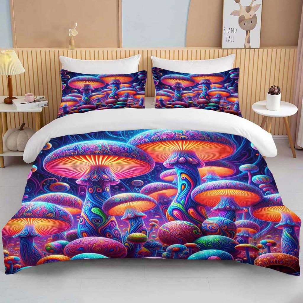 Super Vibrant Neon Psychedelic Mushrooms Print Bedding Set 3PC 1 Duvet Cover 2 Pillowcases Adult and Children Bedding Set Luxury