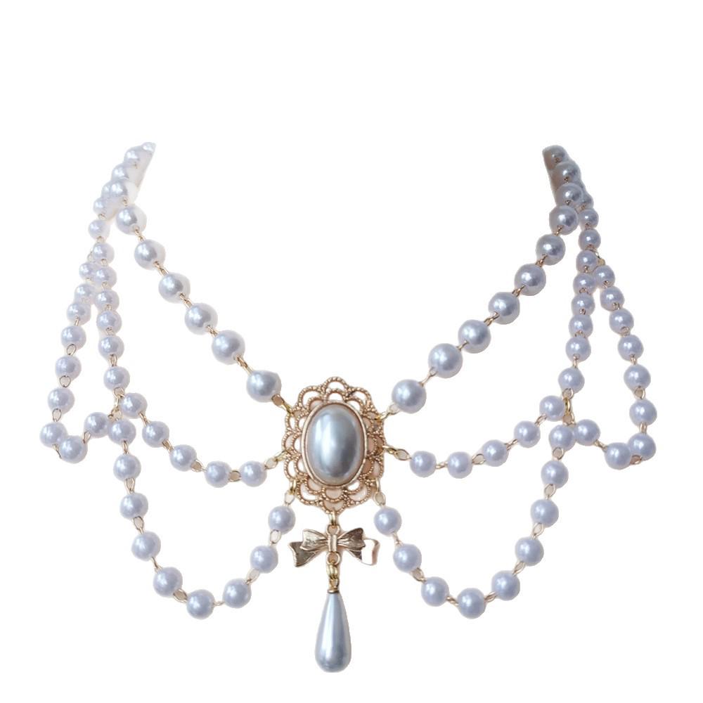 Bow Water Drop Pearl Retro Choker Necklace for Lolita Girls