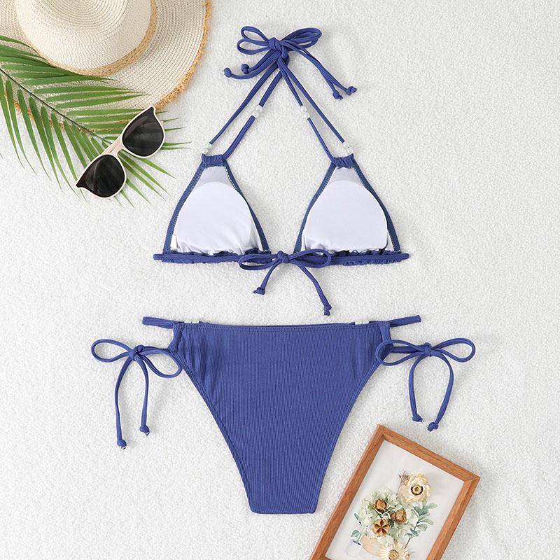 Neuer einfarbiger zweiteiliger Badeanzug Sexy Schleife Dreieck Neckholder Rückenfrei Bikini-Set Schnürung Tanga Badeanzug Bademode