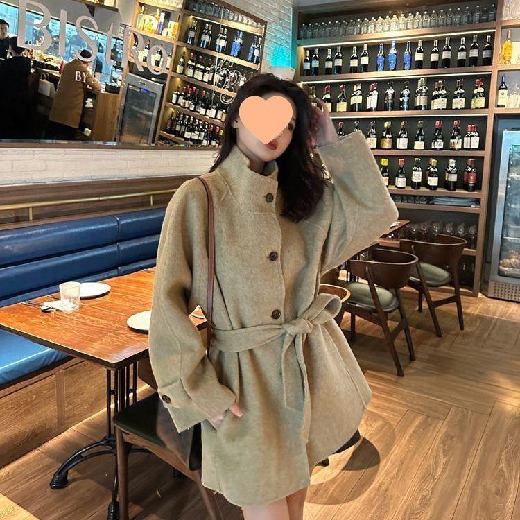 Koreaanse wollen jas voor dames - Herfst/winter, opstaande kraag, petite, losvallende bovenkleding