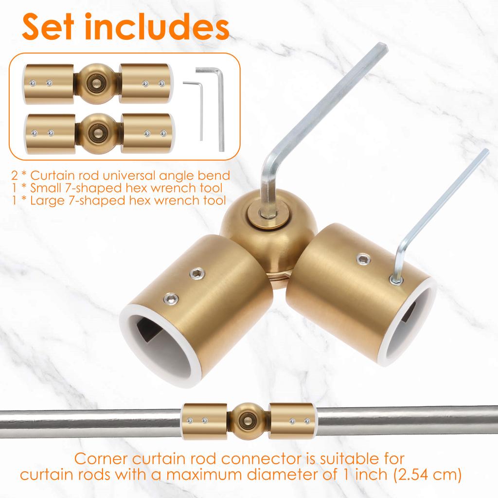 2Pcs Curtain Rod Corner Connector 90°to180° Adjustable Angle Hinged Elbow Curtain Rod Connector for 1inch Bay Window Curtain Rod