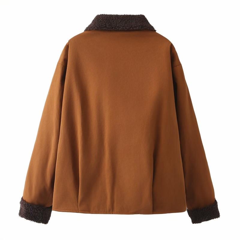 Womens Oversized Faux Sherpa Lined Turn-Down Collar Jacket Short Streetwear Coat In Contrast Color