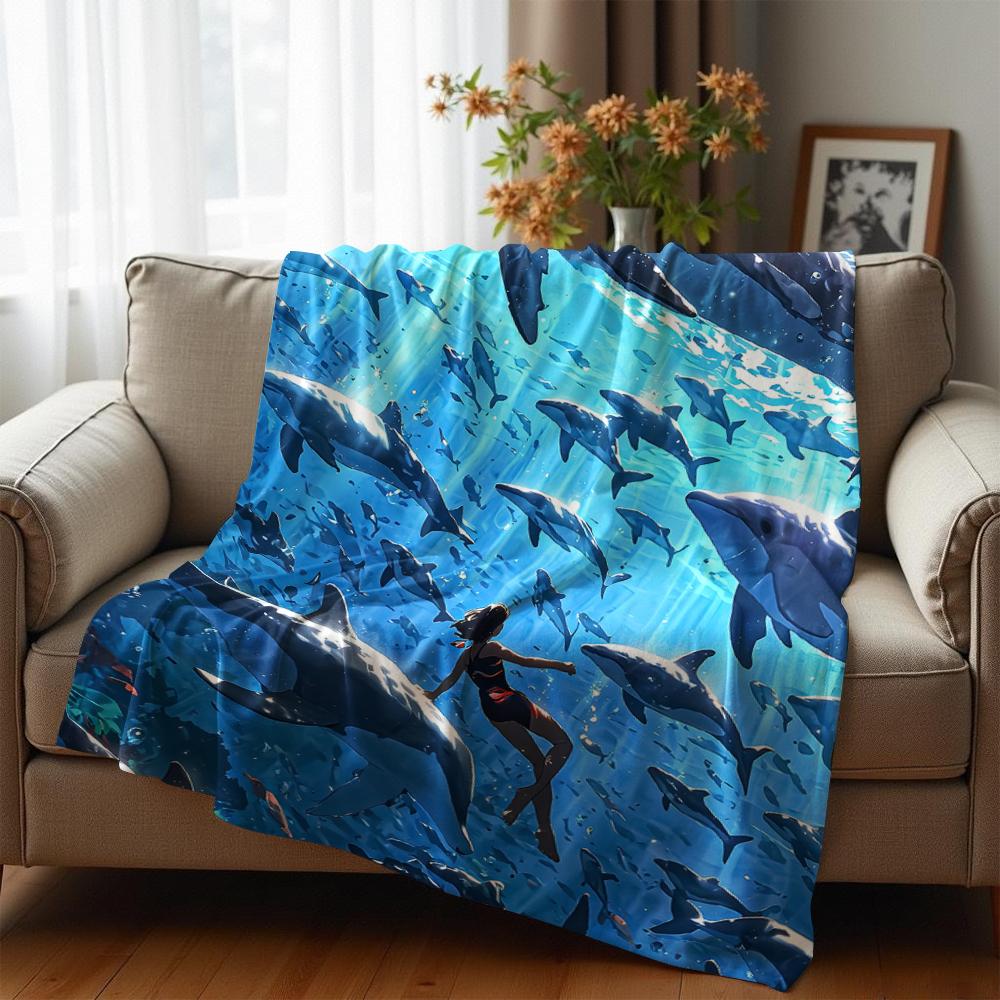 Anime Underwater Whale Diver Soft Flannel Blanket Breathable Warm Throw for Office Car Sofa Kids Room Birthday Xmas Gift