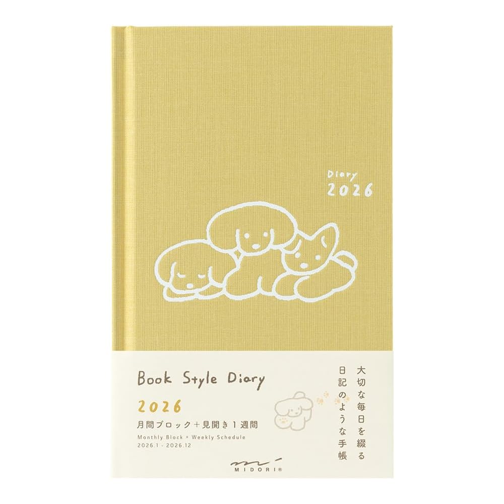 Midori Book-Style Diary, 2026, B6 Weekly, Dog Print, Yellow, 22379006 (Starts January 2026)
