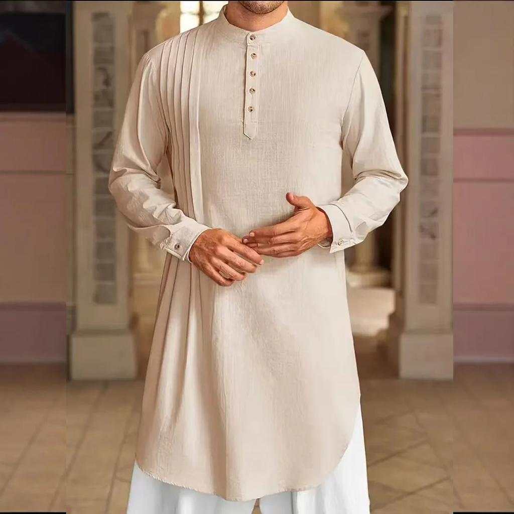 Pánské muslimské šaty Dlouhý rukáv Oblečení Bavlněný Pulovr Kaftan Roucho Pánské Jubba Thobe Pákistán Saúdská Arábie Kaftan Islamský Top