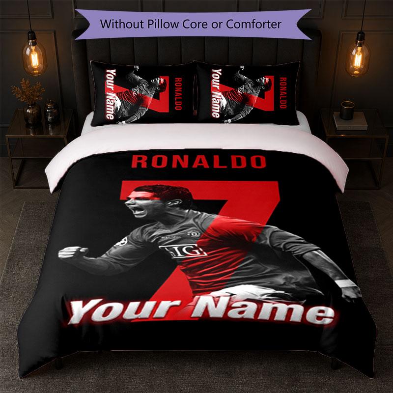 Cristiano Ronaldo Custom Name Text Bedding Set 1 Duvet Cover+2 Pillowcases Soccer Logo Personalized Gift For Special Occasion Bedroom Decor