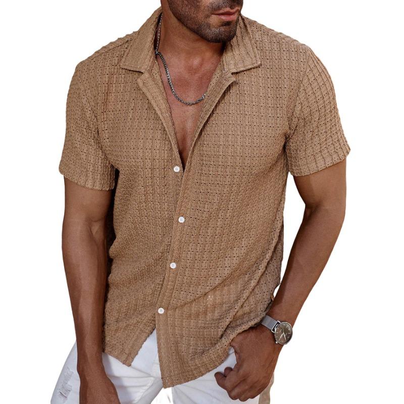 

Мужская светло-голубая рубашка с коротким рукавом, фактурная, с перфорацией, повседневная, с воротником-стойкой, на пуговицах, летний топ S хаки