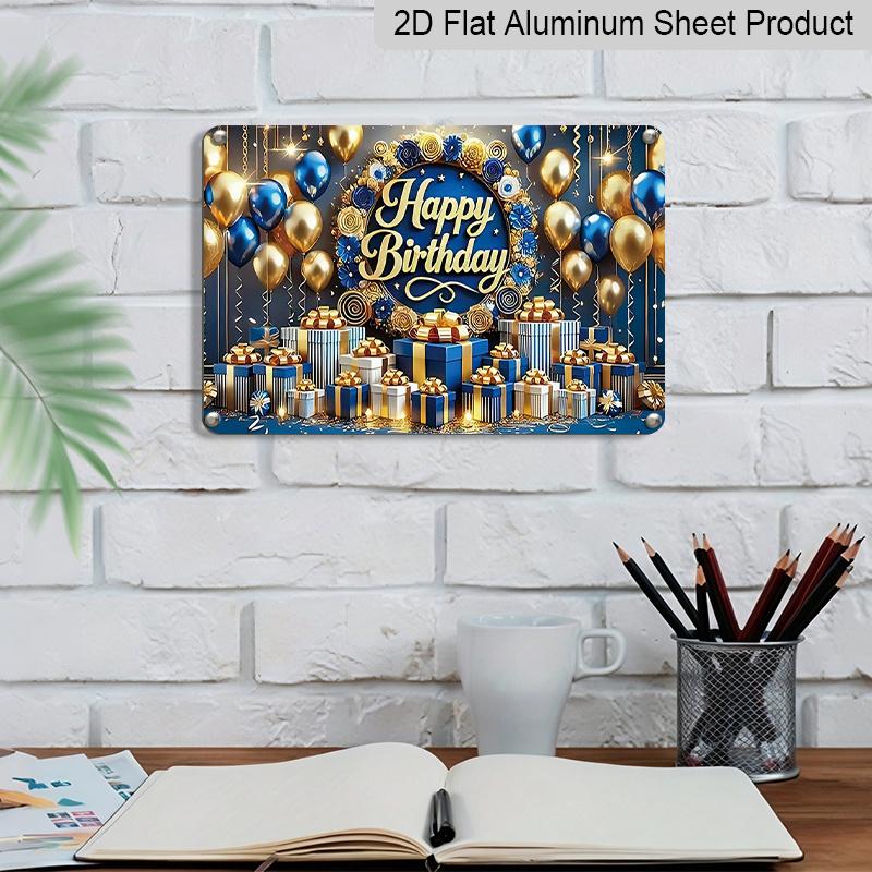 2D Flat, 1pc "Happy Birthday" Blue & Gold Plaque - Luxury Birthday Decor Sign with Balloons & Gifts, Navy Blue & Gold - Aluminium Wall Hanging