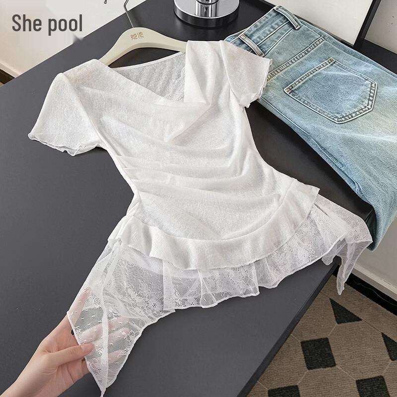 Women s Lace Patchwork Cowl Neck Short Sleeve Top S