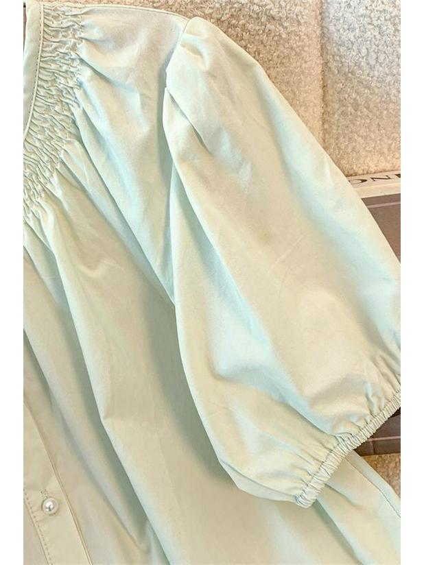 French Mint Bubble Round Neck Shirt - Summer 2026 Design, Short Sleeve, Loose Fit Top