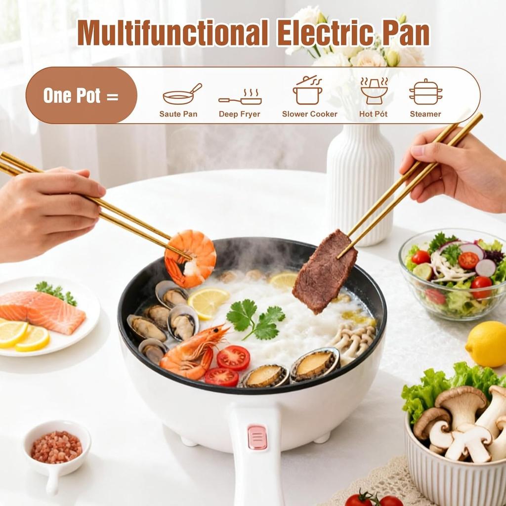 Hot Pot Electric with Steamer,Rapid Noodles Cooker Non-Stick Frying Pans with Spatula for Steak, Egg, Fried Rice, Ramen, Oatmeal, Soup,