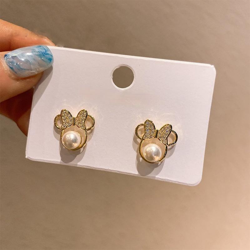 Bow Pearl Cute Stud Earrings With Crystals Mouse Trendy Charm Accessories Cartoon for Women Simple Bow Earring Wedding Gift