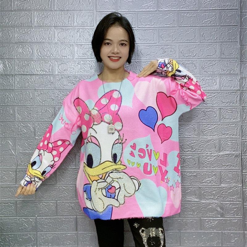 Women's Autumn 2022 Cartoon Print Fluffy Sweater - Soft, Loose, and Casual Round Neck Top with Hot Drilling Detail