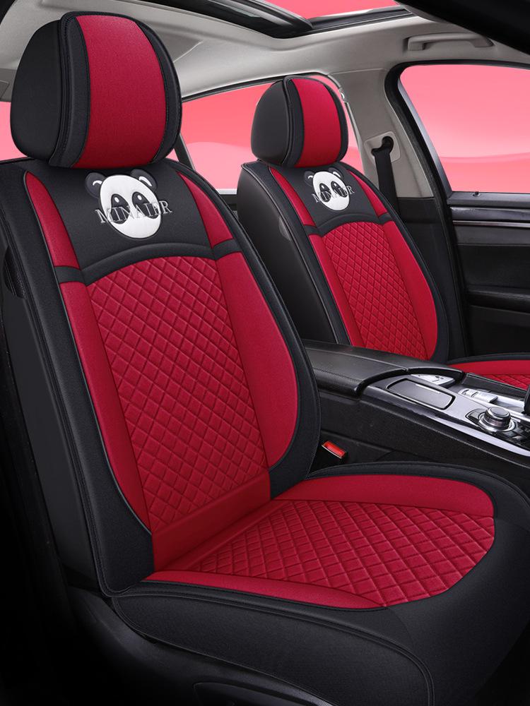Universal Linen Cartoon Panda Car Seat Cushion Set for All-Season