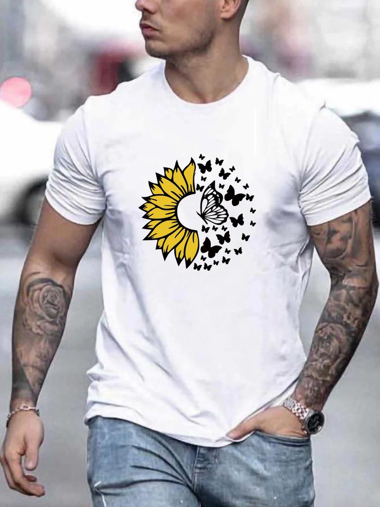 Sunflower Butterfly Print T-Shirt for Men's Casual Crew Neck Short-Sleeve Fashion Summer T-Shirt