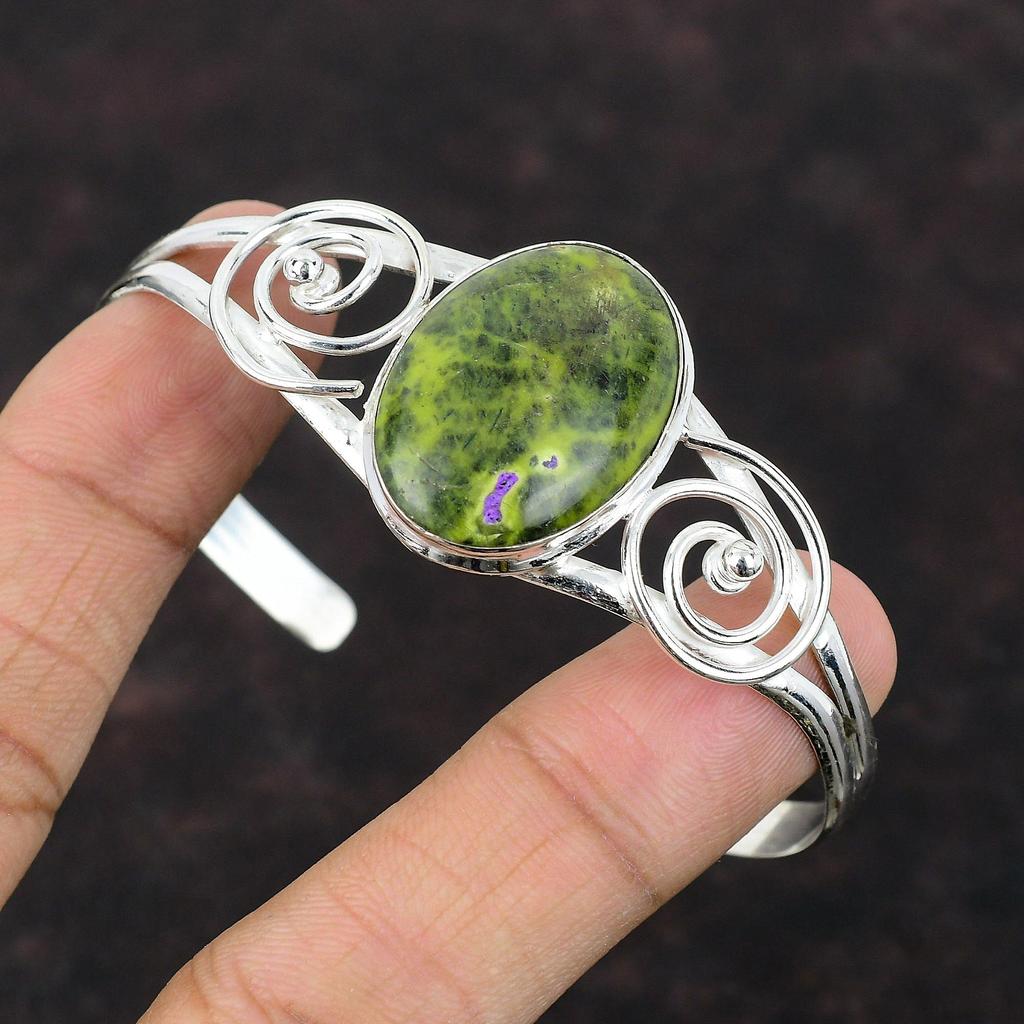 Bransoletka mankietowa z stichtytem Biżuteria z naturalnych kamieni szlachetnych Bransoletka ze srebra próby 925 Ręcznie robiona biżuteria Regulowana bransoletka Stylowa biżuteria Prezent dla mamy