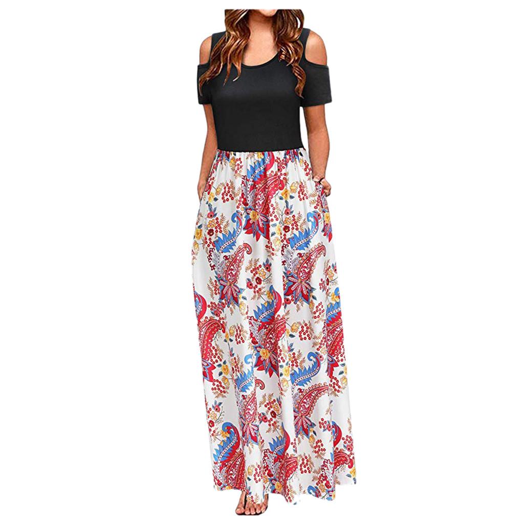 Women Summer Cold Shoulder Floral Print Elegant Maxi Long Dress Pocket Dress