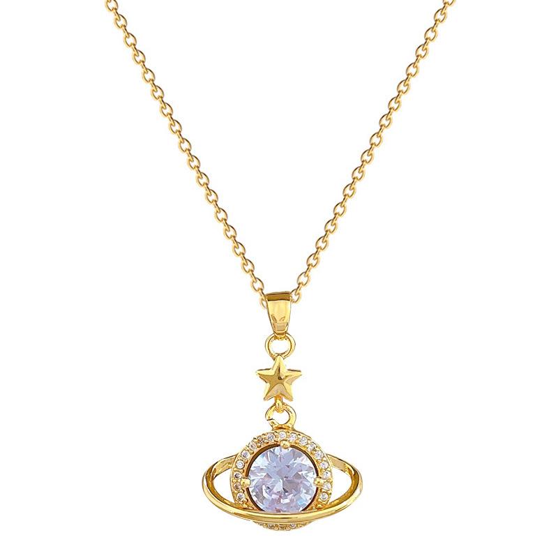 Planet Galaxy Light Luxury Temperament Full Diamond Necklace Women'S Versatile Clavicle Chain Titanium Steel Chain