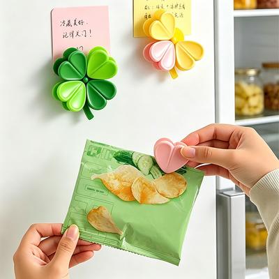 4Pcs Kitchen Magnetic Clip Multifunctional Four Leaf Clover Snack Sealer Food Storage Clip Fridge Magnet Decoration Clips
