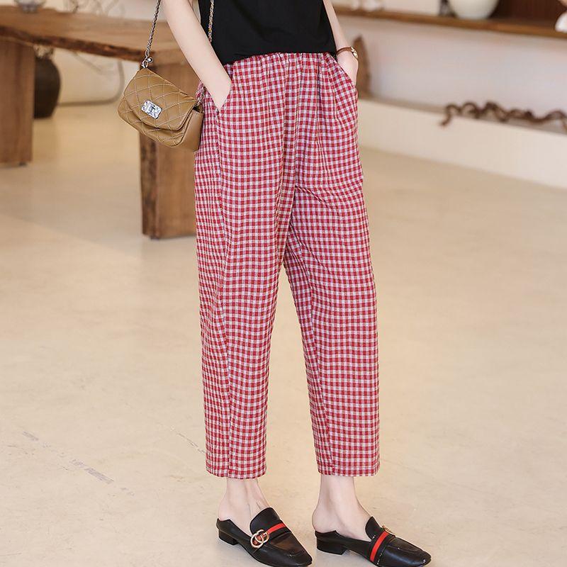 

Брюки-карандаш Контрастный цвет Гусиная лапка Женская одежда Брюки с эластичной высокой талией Клетчатые Карманы Весенне-осенние брюки XL красный