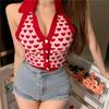 Summer 2024 Red Heart Print Halter Backless Knit Tank Top for Women