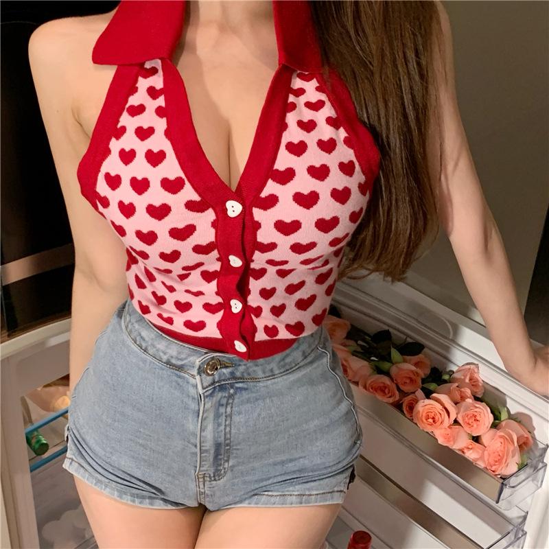 Summer 2024 Red Heart Print Halter Backless Knit Tank Top for Women