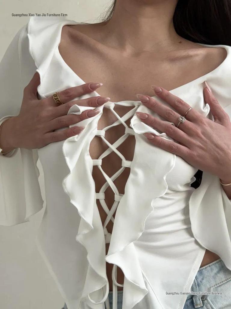 European & American V-neck Lace-up Ruffle Bell Sleeve Top