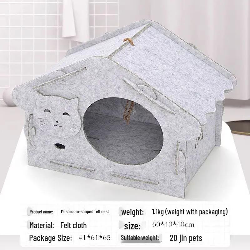 All-Season Felt Enclosed Cat Bed Villa - Detachable Pet Nest House