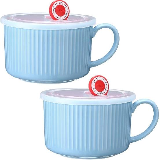 Nuenen 2 Pcs Soup Bowls with Lids and Handles 30 oz Microwave Safe Ceramic Soup Mug Microwavable Ramen Containers with Lids Large Colorful Cups for