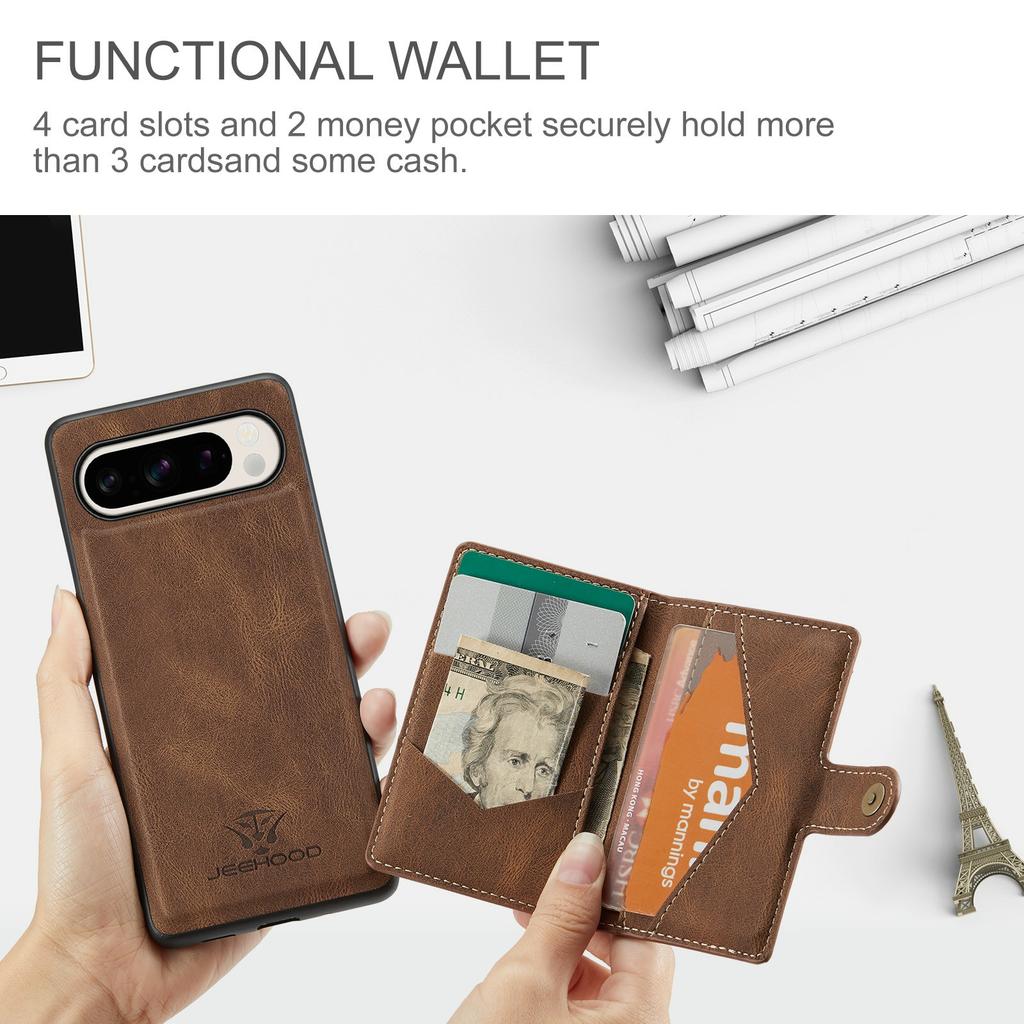 JEEHOOD J01 For Google Pixel 9 Pro XL Case Retro Leather+TPU Phone Cover Detachable Magnetic Card Holder