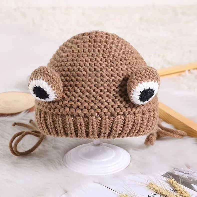 Children's bear ear hat baby cute cartoon double ball knitted velvet thickened windproof warm autumn and winter wool hat