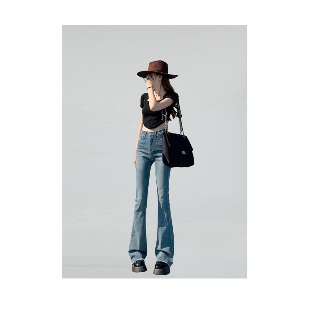 Raw Edge Design Sense Black Gray Micro Flared Jeans Woman