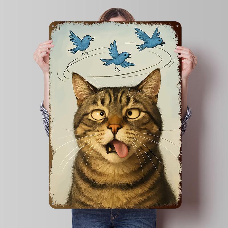 Dizzy Cat With Birds Poster Customized Vintage Metal Signs Wall Art Retro Tin Plaque for Home and Decoration Gaming Custom Plate