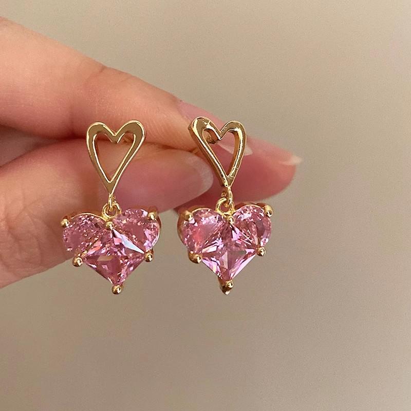 Pink Crystal Heart Earrings with 925 Silver Studs - Elegant Niche Design for Girls