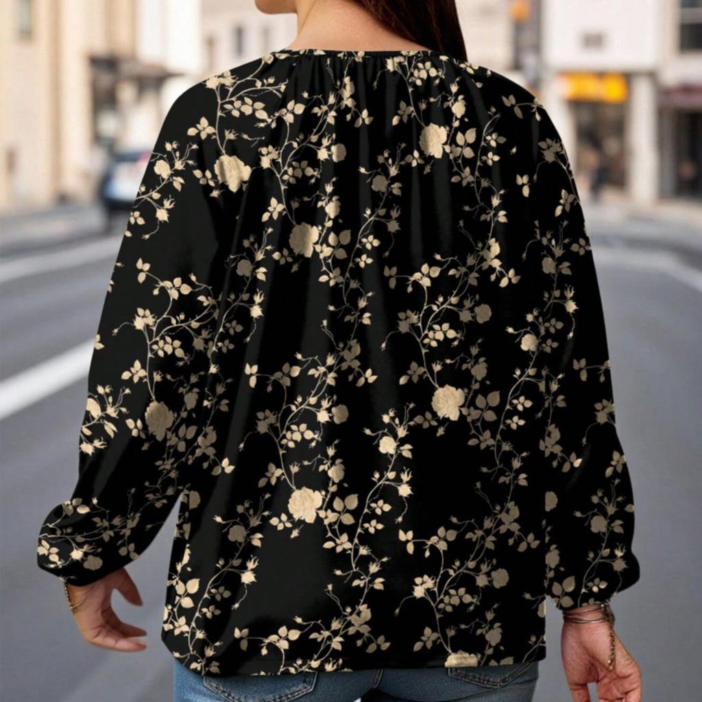 Ladies' Plus Size Comfortable Loose Fashionable Casual Tied Rope Casual And Fashionable Printing Shirt Long Sleeved Top