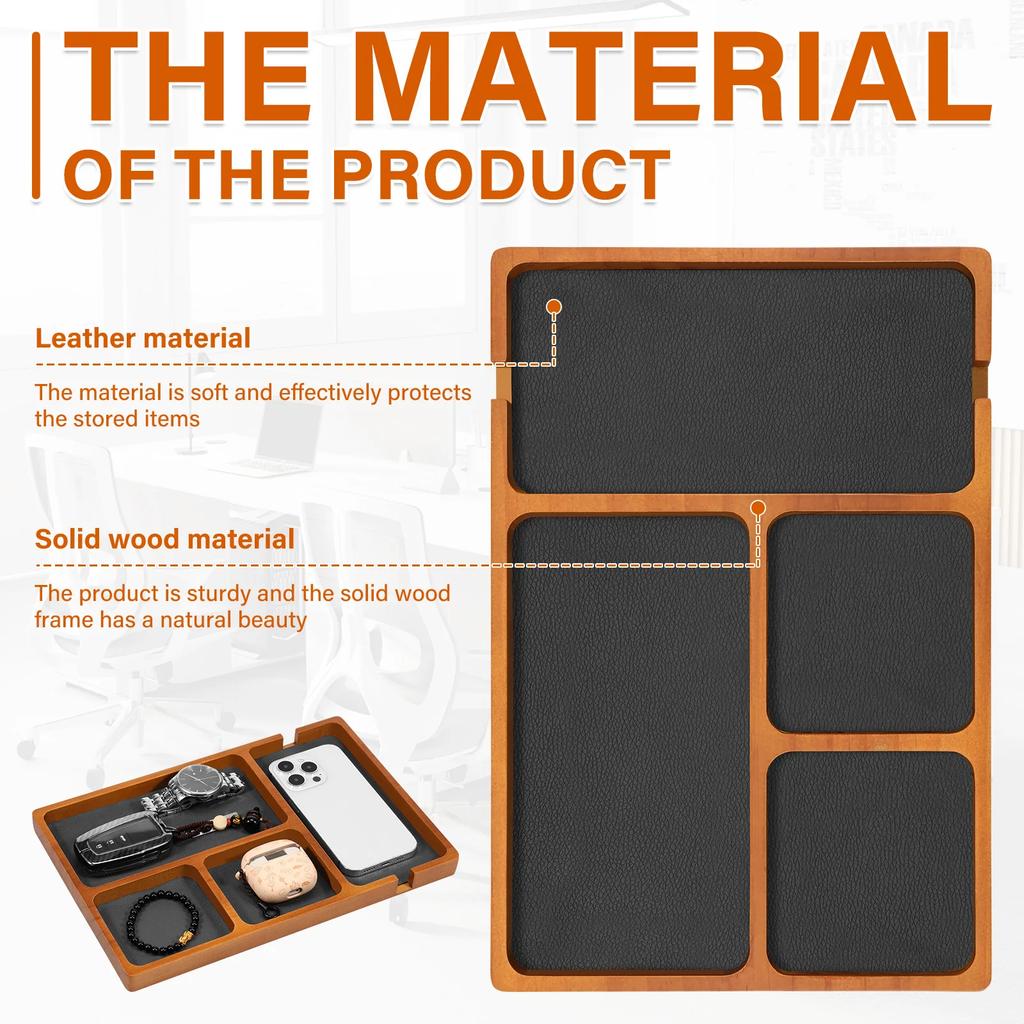 Wooden Office Desktop Storage Box Valet Tray with 4 Compartment Solid Wood for Glasses Mobile Phone Earphones Sundries Organizer