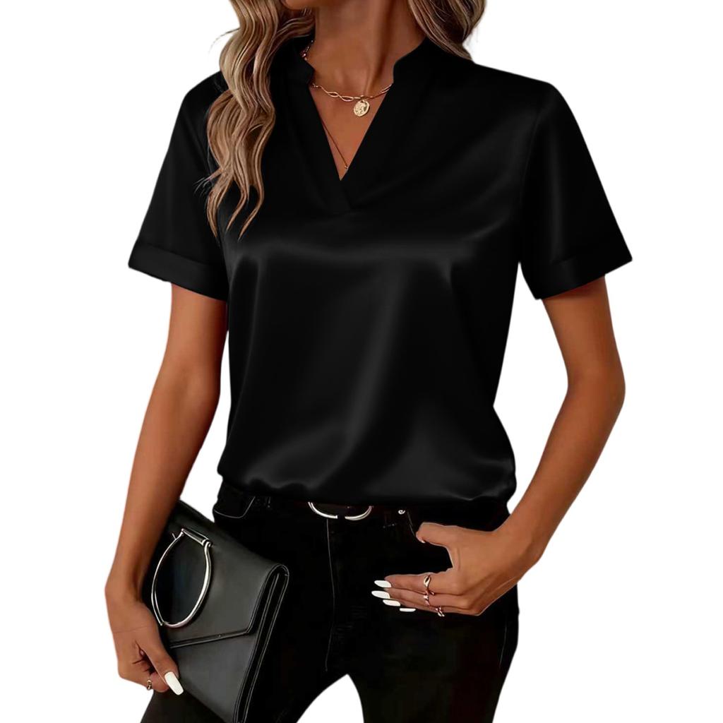 Women Stain Tops Short Sleeve Blouse V Neck Shirts Business Casual Outfits