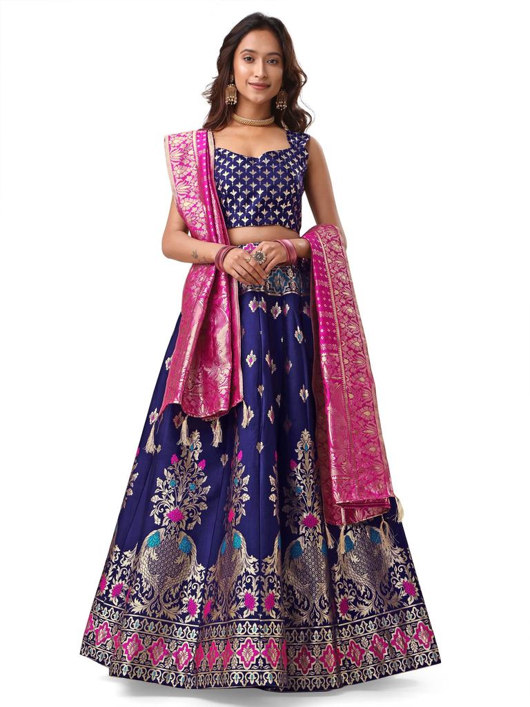 PURVAJA Women's Jacquard Semi-Stitched Lehenga choli (Indra-Navy-Blue_Navy-Blue_Free Size)