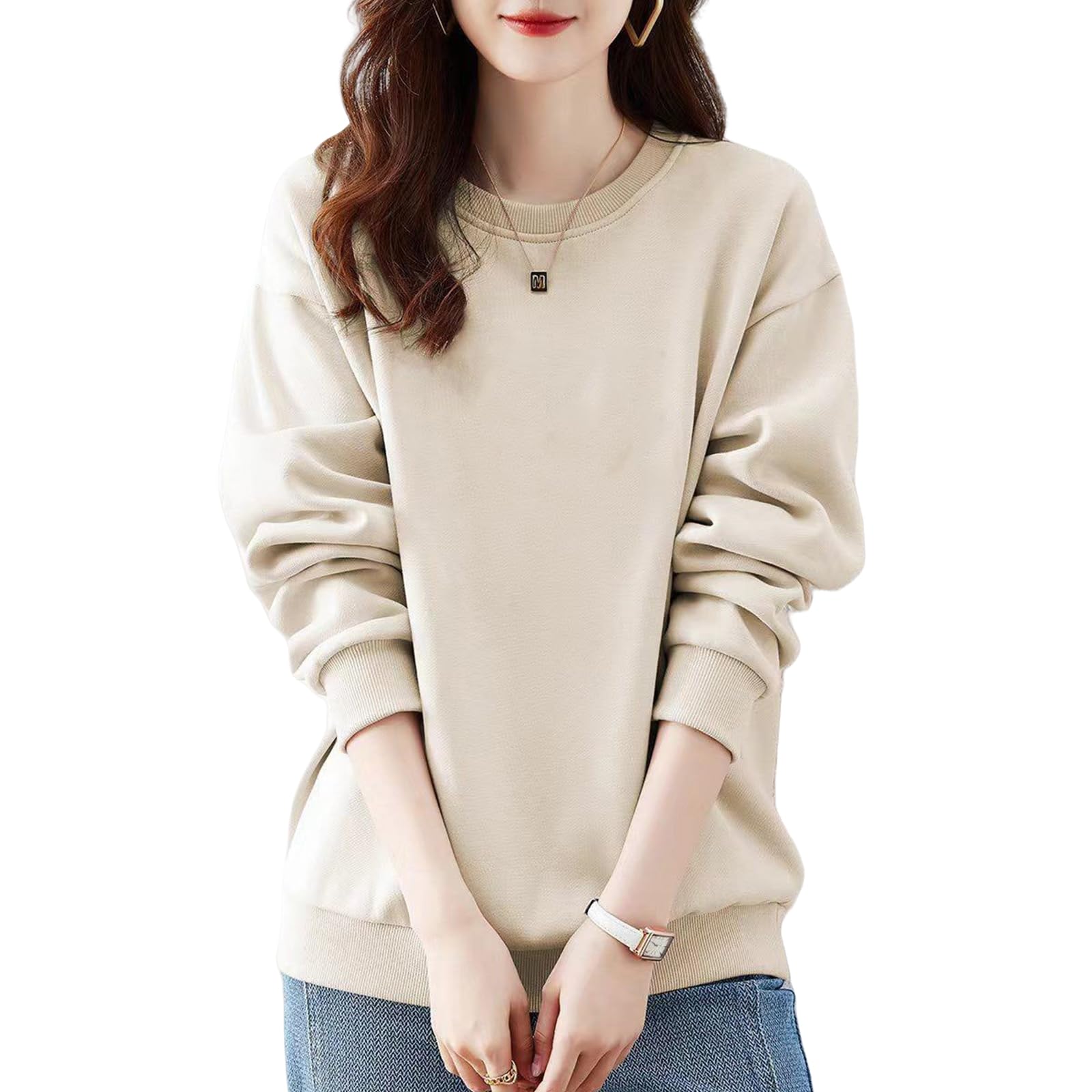 

MEME XTRA Basic Lightweight Cotton Crew Neck Long Sleeve Loose Solid Sportswear Women s Sweatshirt, Sweatshirt, Spring/Autumn, Fit, Casual, бежевый