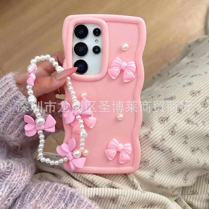 Pearl bow for Samsung S25Ultra wrist rope S23ultra anti-drop S24 wavy pattern note20